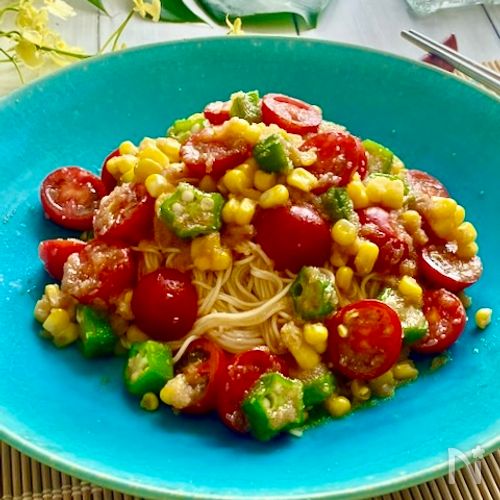 そうめんが合う〜夏野菜たっぷり明太子そうめん