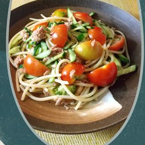 チョロリスの作ってみた!投稿(トマトとツナと水菜の冷製ポン酢パスタ【#混ぜるだけ#夏休み】)