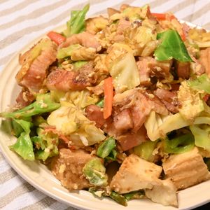 こざかなの作ってみた!投稿(高タンパク♪ベーコンきゃべつの厚揚げチャンプルー)
