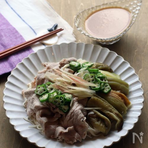 ♡豚しゃぶ、焼きなすの胡麻だれそうめん