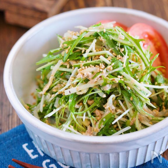 抱えて食べたい♪『水菜ともやしとツナのごまマヨサラダ』
