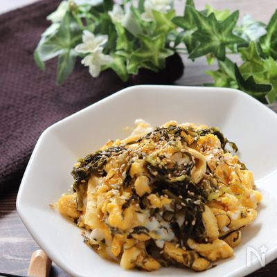 超簡単5分で完成!節約レシピ♡お揚げとふわふわ卵の高菜炒め