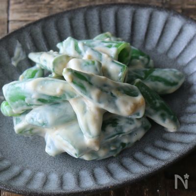 【お弁当副菜】レンジで簡単♪スナップエンドウの味噌マヨサラダ