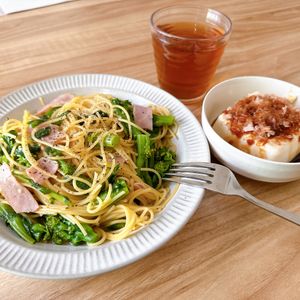 miの作ってみた!投稿(菜の花とベーコンのうましょうゆパスタ【#時短#ワンパン】)