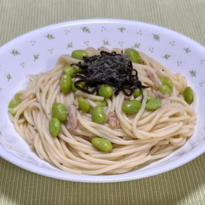 キャピタンの作ってみた!投稿(茹でたパスタにあえるだけ〜♪枝豆とツナの和風パスタ)