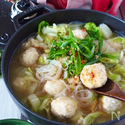 【節約むね肉鶏団子】とろとろ白菜とえのき鶏団子のとろみ煮
