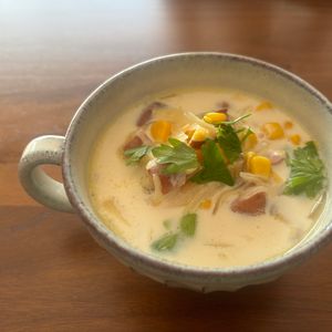 こむぎの作ってみた!投稿(子供が飛びつく《さつまいもコーン♡豆乳スープ》)