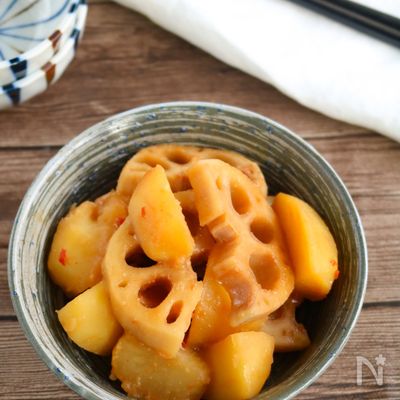 放置レシピ♪じゃがいもとれんこんのピリ辛味噌煮