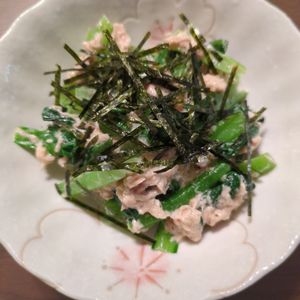 たりおの作ってみた!投稿(1分おつまみシリーズ㉒♪小松菜とツナのわさぽんマヨ🤭💖)