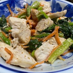 1465412料理経験3年生の作ってみた!投稿(【小松菜と蒸し鶏の棒棒鶏風】味付け簡単！レンジ調理)