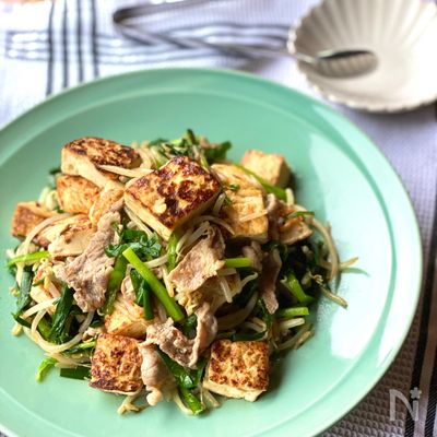 男子に人気♡豚こまニラもやしの豆腐チャンプルー