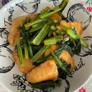 万福の作ってみた!投稿(ワンパン10分！【鶏むね肉と小松菜の中華炒め】胡麻油香る♩)