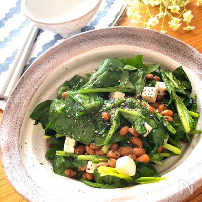 ハマる組み合わせ♡納豆とサラダほうれん草とチーズのサラダ