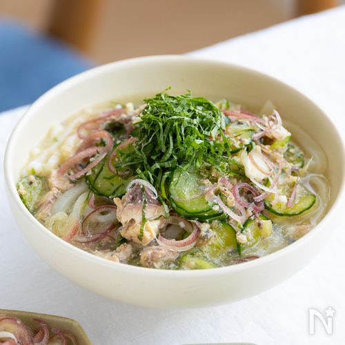 さば缶で簡単！薬味たっぷり冷や汁風うどん