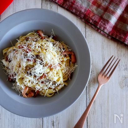 【簡単！】きのことベーコンのチーズパスタ