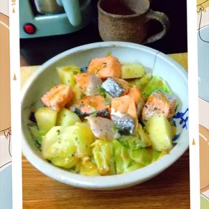チョロリスの作ってみた!投稿(【鮭のちゃんちゃんバター蒸し】フライパンで重ねて蒸すだけ！)