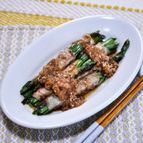 薄切り豚肉で作るニラネギ巻き焼梅ポン酢かけ