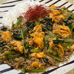 楽ラク手抜キッチン🐶🐾の作ってみた!投稿(小松菜と卵のひき肉あんかけ丼│10分で完成！一皿で栄養満点)