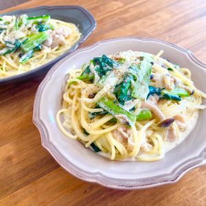ゆかりの作ってみた!投稿(生クリームいらず★豚肉と小松菜のクリームパスタ)