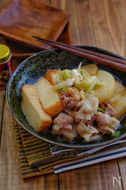 レンジで出来ちゃう！＊大根と絹厚揚げと豚バラの煮物＊