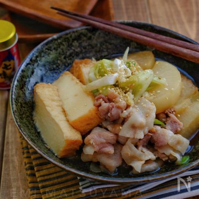 レンジで出来ちゃう!*大根と絹厚揚げと豚バラの煮物*
