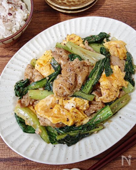 豚こま肉と小松菜のうまだれ炒め