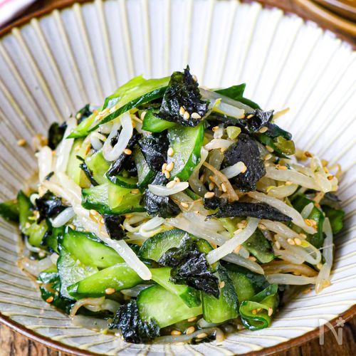 レンジで3分!【もやしときゅうりの白だし海苔ナムル】やみつき