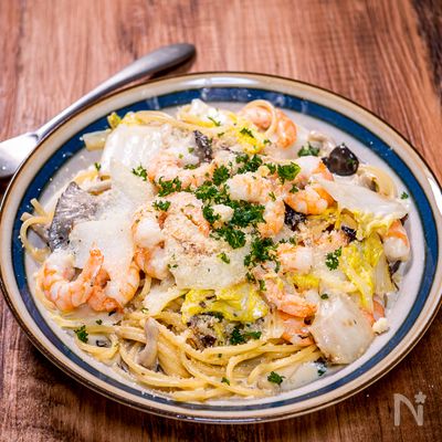 白菜とボイル海老のクリームパスタ