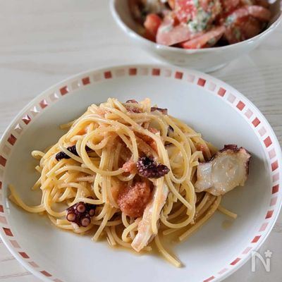 【タコとたらこのパスタ】混ぜるだけで簡単美味しい!麺は水から