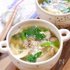 3分で♪『小松菜としめじと卵の中華風ごま醤油スープ』