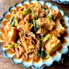 レンジで8分重ねてチン！包丁・まな板不要♪【厚揚げ豚キムチ】