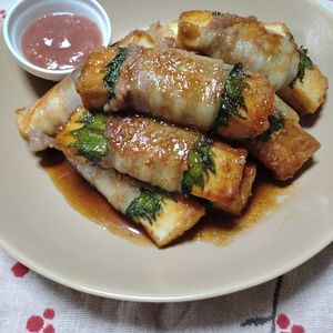 悠の作ってみた!投稿(とろ～りチーズがたまらない♪厚揚げ大葉肉巻き)