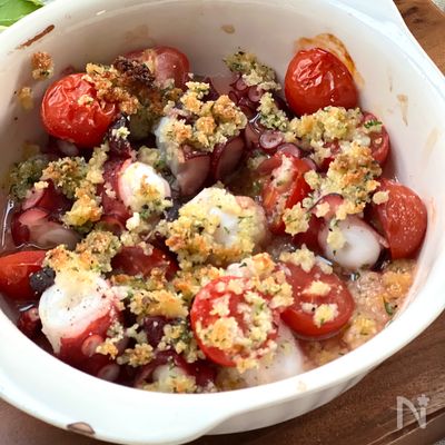 オーブントースターで簡単!タコとトマトのガーリックパン粉焼き