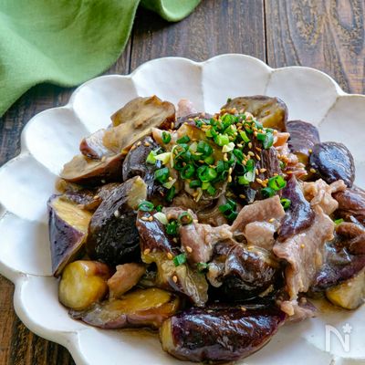 レンジで簡単♪なすと豚こまの旨ぽん炒め風