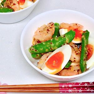 まゆの作ってみた!投稿(エビとスナップエンドウのデリ風サラダ)