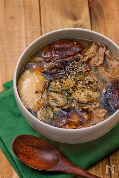 ＊牡蠣と豚肉と椎茸の酸辣湯風春雨スープ＊