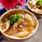 【鶏ひき肉と豆腐の中華春雨スープ】絶品‼︎家族大絶賛