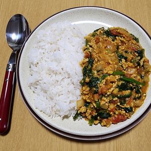 ナムディの作ってみた!投稿(ほうれん草のキーマカレー。フライパンで簡単♪煮込み不要！)