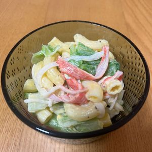 おちえさんの作ってみた!投稿(かに玉とキャベツのマカロニサラダ【#包丁不要】)