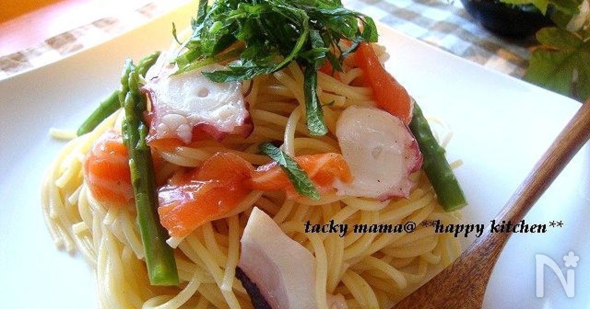 パスタもレンジでチン♪たことサーモンの和風冷製パスタ