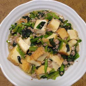 ももの作ってみた!投稿(厚揚げと小松菜《旨塩♡そぼろ炒め》)